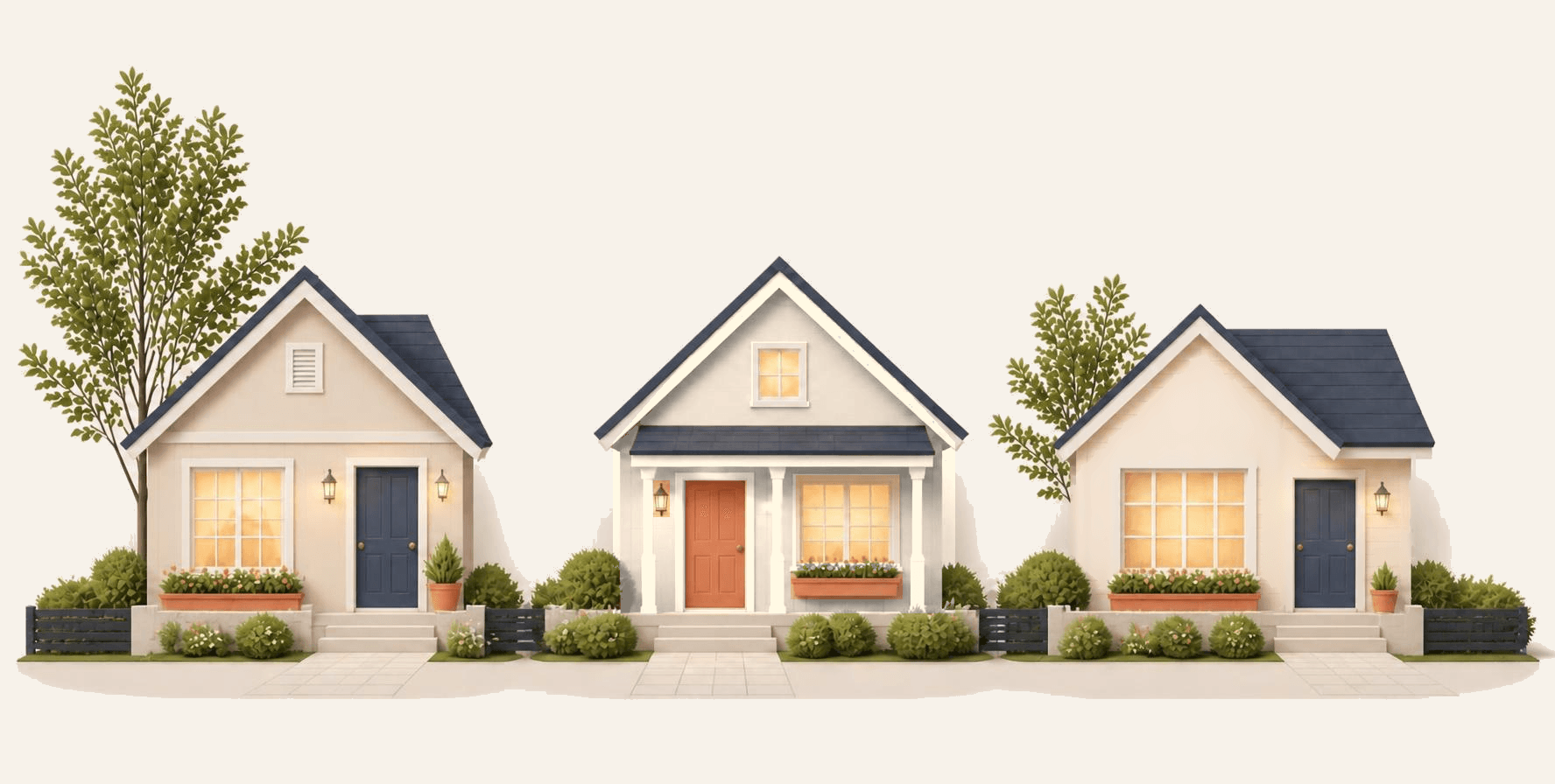 Three small houses side by side on a quiet street, the middle one with a coral front door