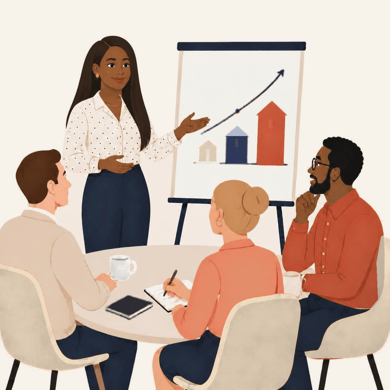 Illustration of a consultant presenting housing options to a small group around a table