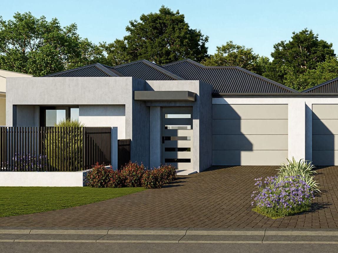 The left-hand home of the pair seen from the street, single storey with its own entry and garage