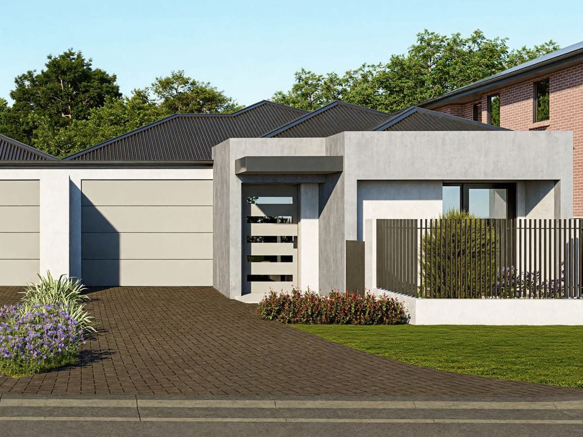 The right-hand home of the pair seen from the street, single storey with its own entry and garage