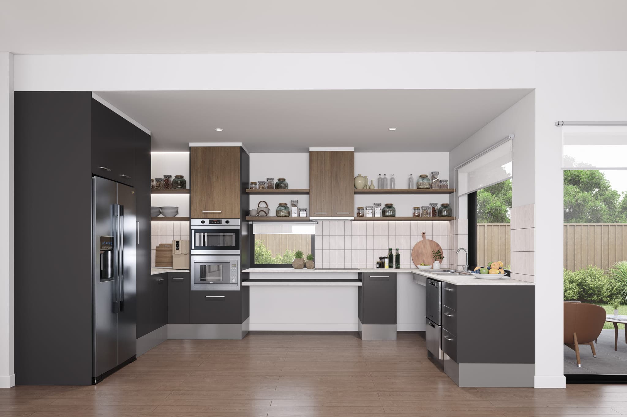 A kitchen with dark cabinetry, timber shelving and a height adjustable benchtop